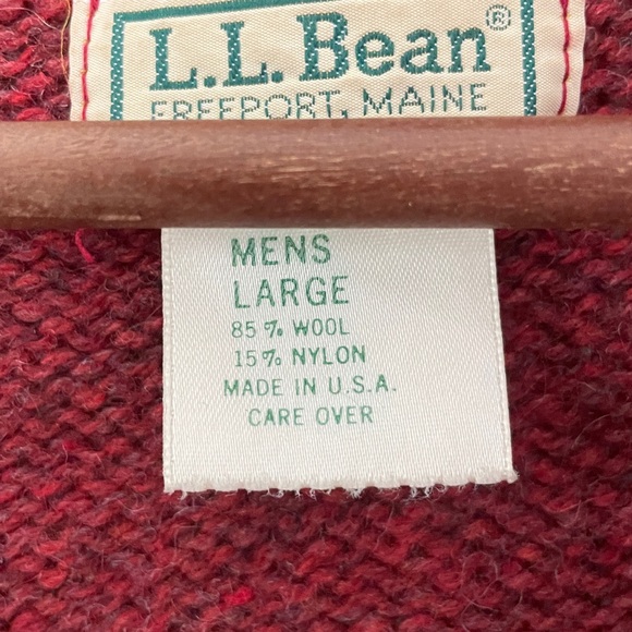 L.L. Bean Men's Burgundy Cardigan Sweater wool blend leather buttons grandpa L - Picture 2 of 6